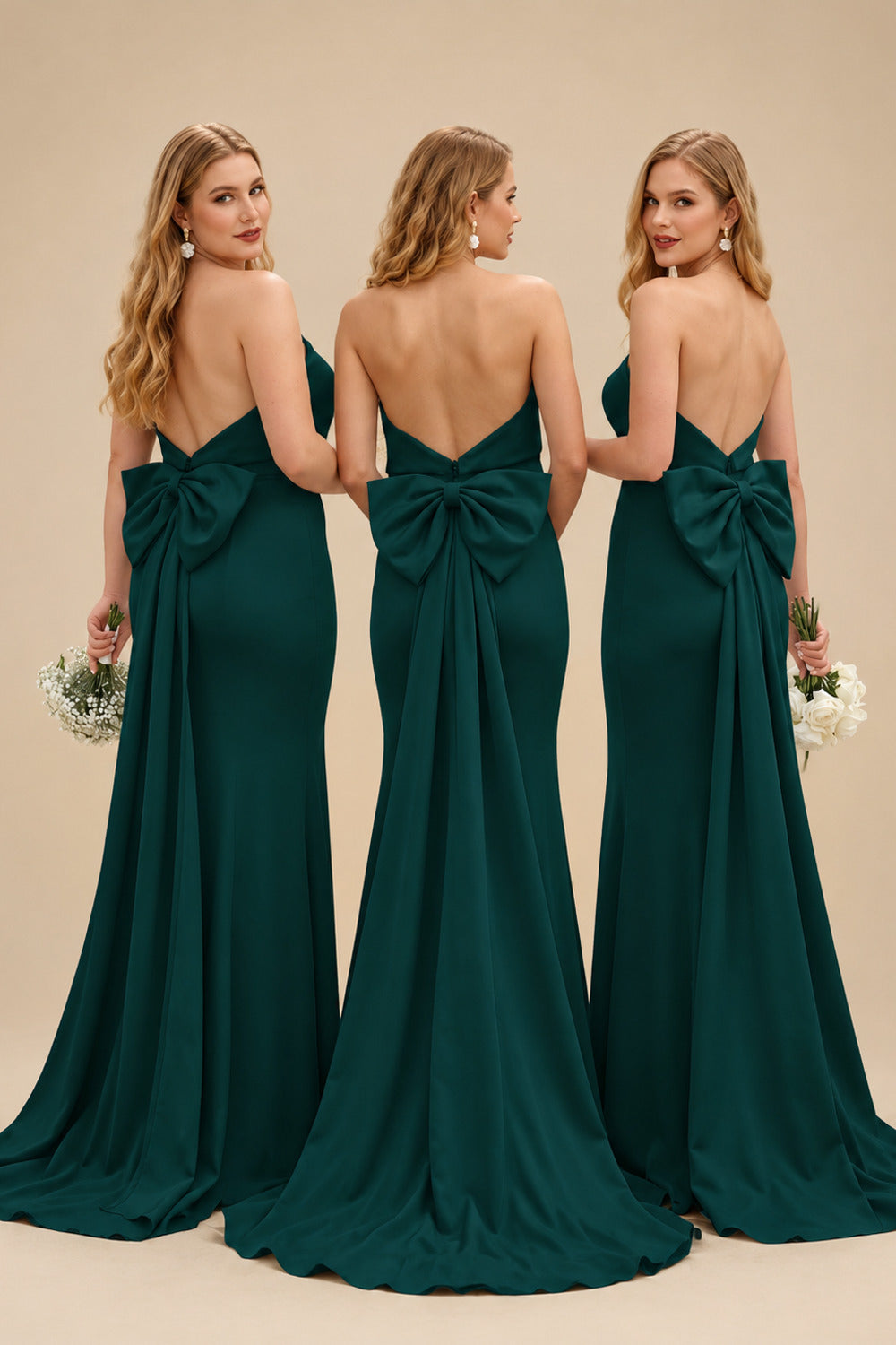 Rutipo Dark Green Open Back Strapless Sheath/Column Bridesmaid Dresses With Bow