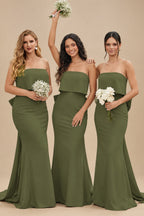 Rutipo Olive Green Open Back Strapless Sheath/Column Bridesmaid Dresses With Bow