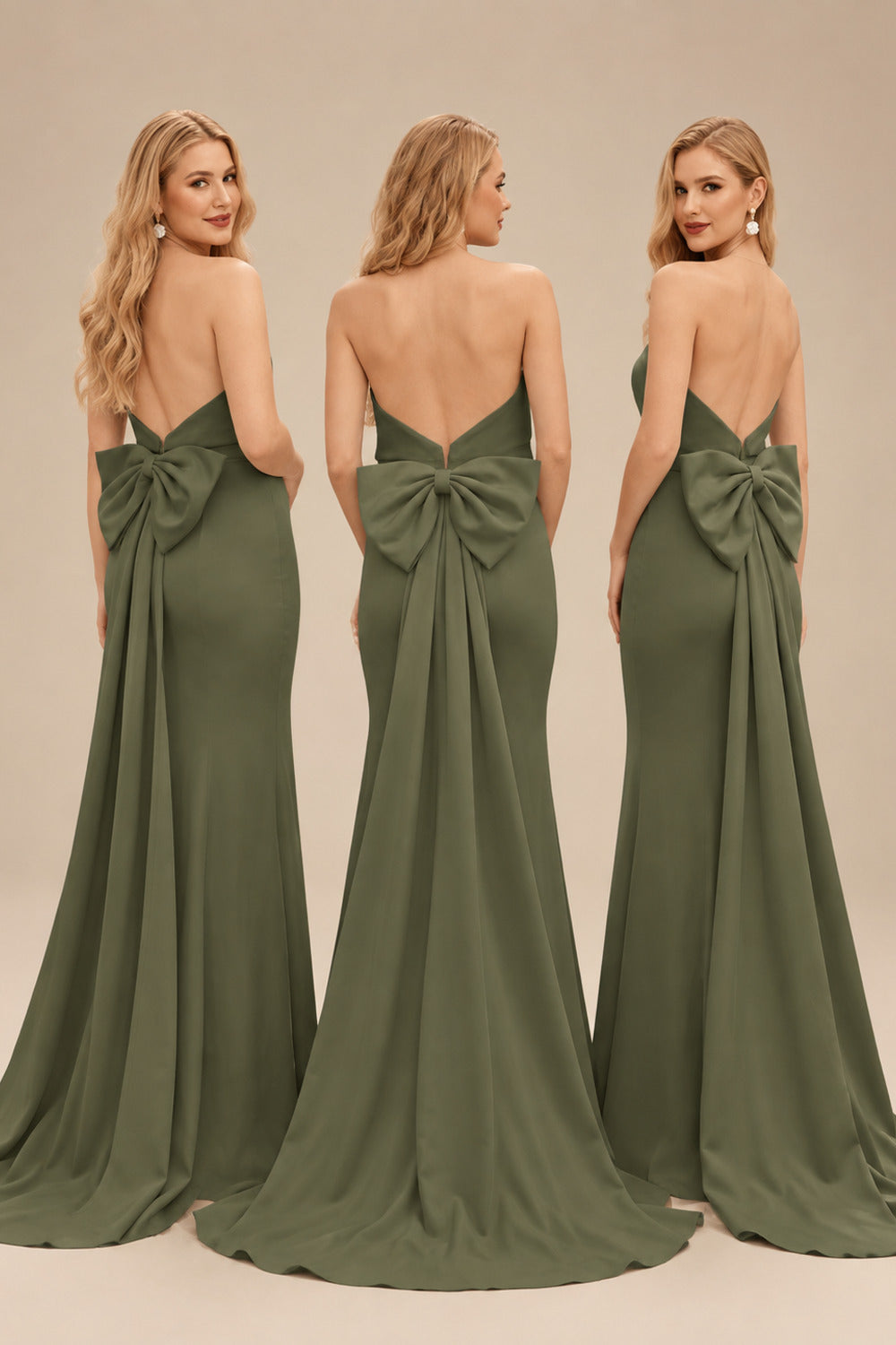 Rutipo Olive Green Open Back Strapless Sheath/Column Bridesmaid Dresses With Bow