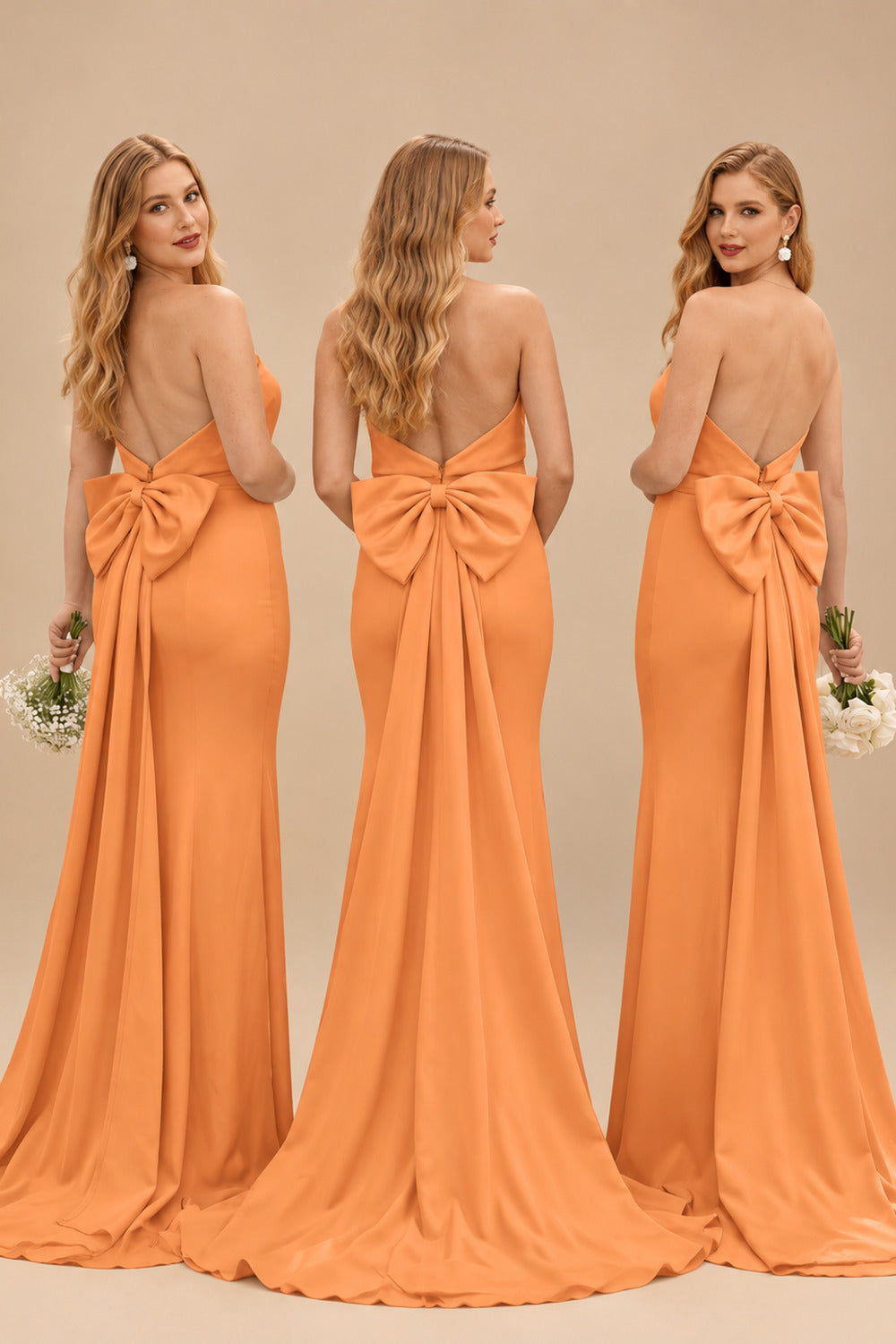 Rutipo Orange Open Back Strapless Sheath/Column Bridesmaid Dresses With Bow