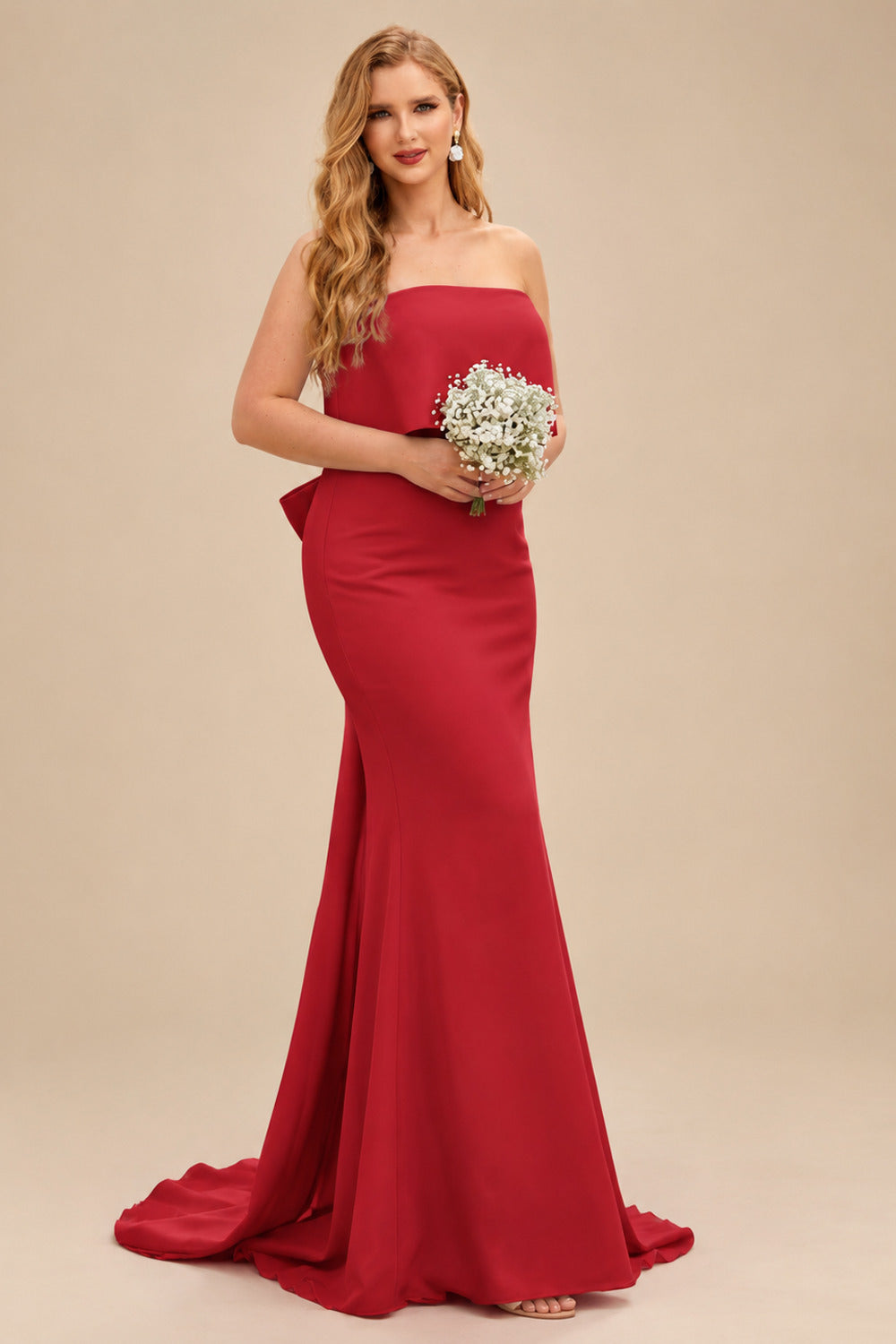 Rutipo Red Open Back Strapless Sheath/Column Bridesmaid Dresses With Bow