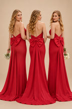 Rutipo Red Open Back Strapless Sheath/Column Bridesmaid Dresses With Bow