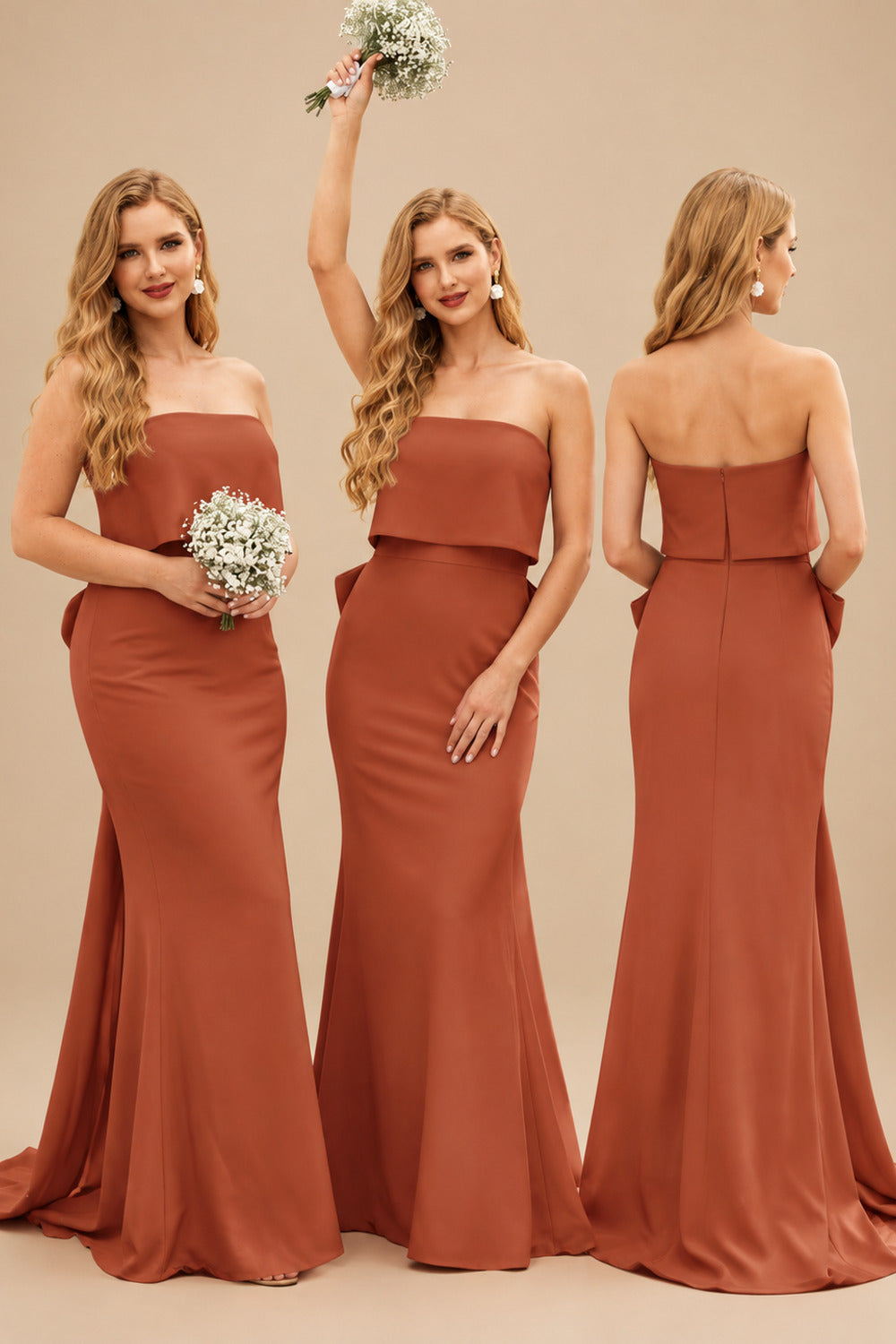 Rutipo Terracotta Open Back Strapless Sheath/Column Bridesmaid Dresses With Bow