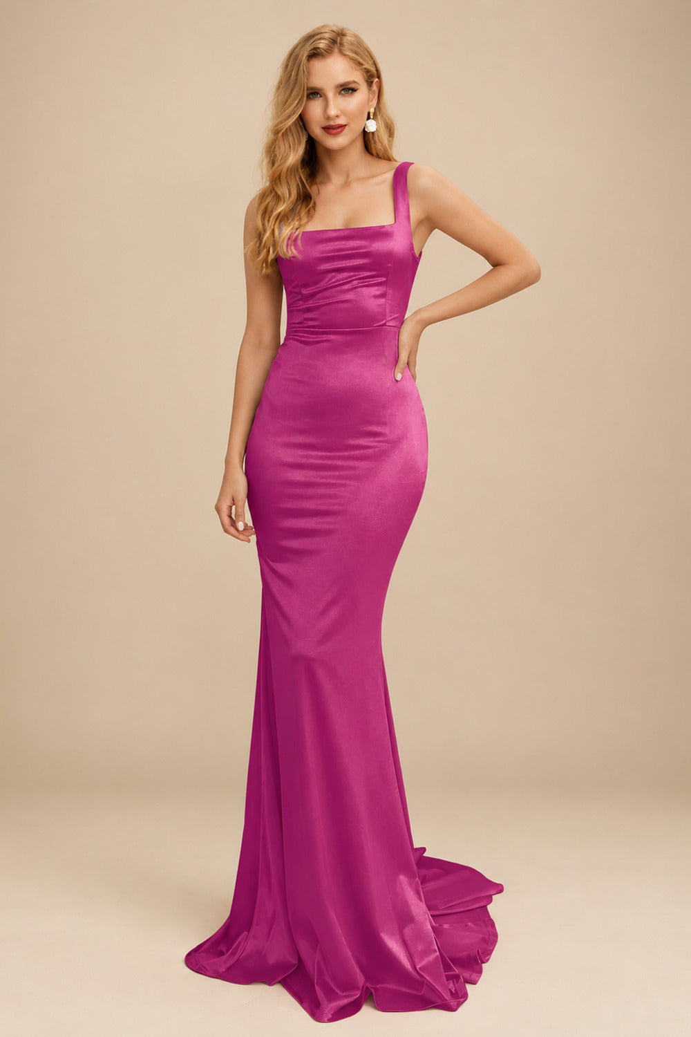 Rutipo Fuchsia Mermaid Square Neckline Sleeveless Sweep Train Silk Like Satin Bridesmaid Dresses