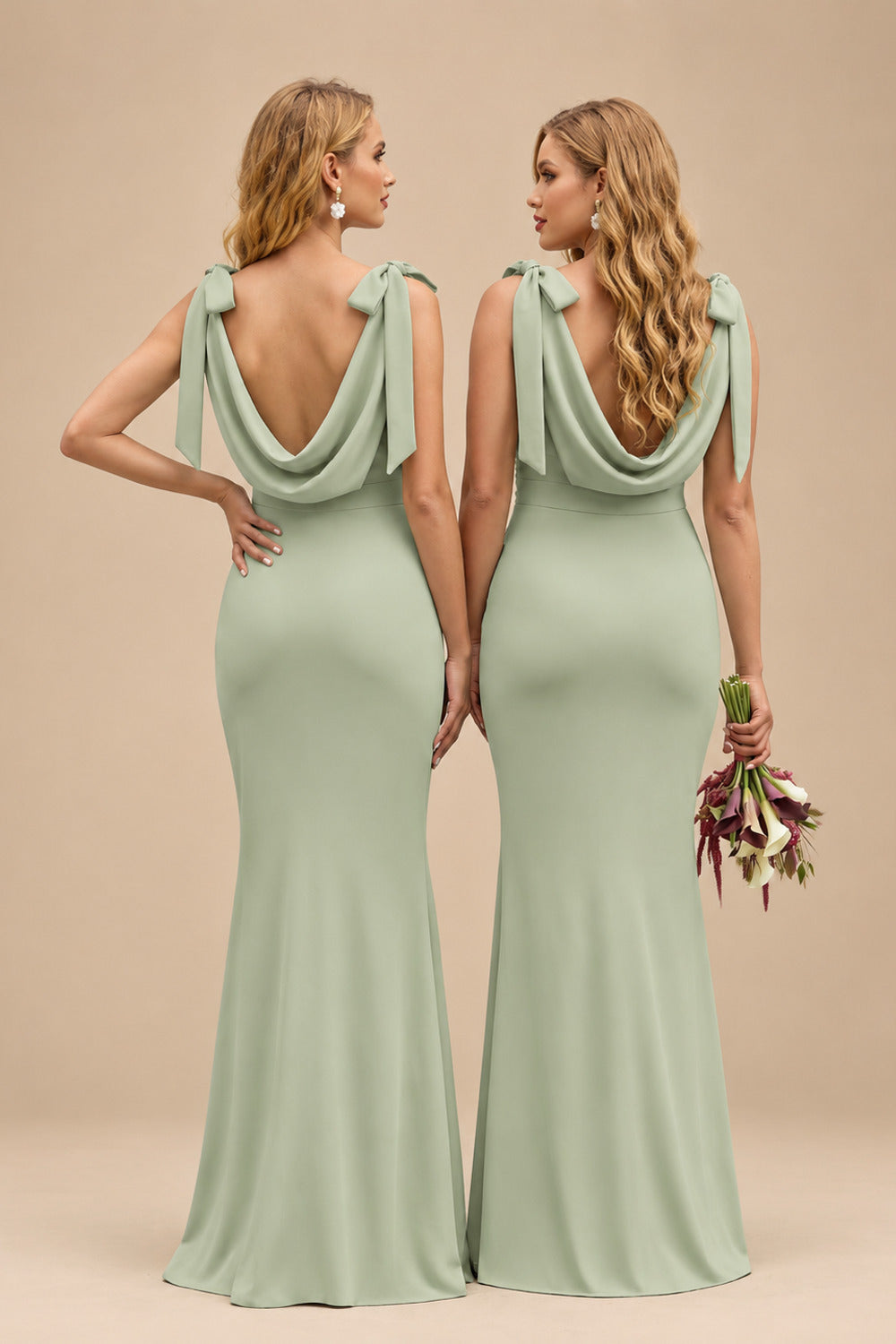 Rutipo Celadon Cowl Neck Sleeveless Floor-Length Bridesmaid Dresses