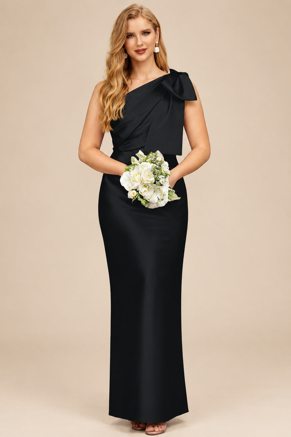 Rutipo Black Sheath/Column One-Shoulder Satin Bridesmaid Dresses With Bow(s)