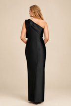 Rutipo Black Sheath/Column One-Shoulder Satin Bridesmaid Dresses With Bow(s)