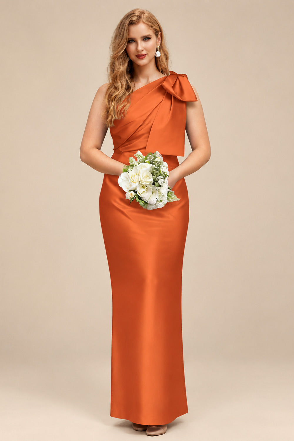 Rutipo Burnt Orange Sheath/Column One-Shoulder Satin Bridesmaid Dresses With Bow(s)