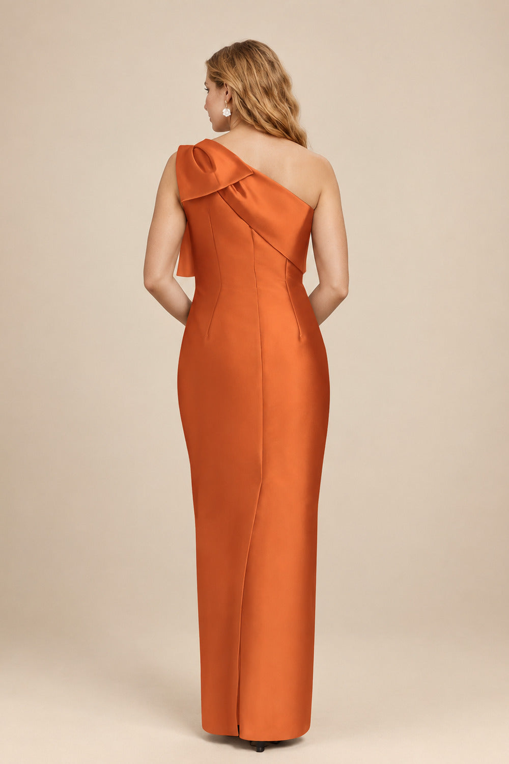 Rutipo Burnt Orange Sheath/Column One-Shoulder Satin Bridesmaid Dresses With Bow(s)