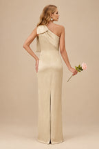 Rutipo Champagne Sheath/Column One-Shoulder Satin Bridesmaid Dresses With Bow(s)