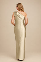 Rutipo Champagne Sheath/Column One-Shoulder Satin Bridesmaid Dresses With Bow(s)