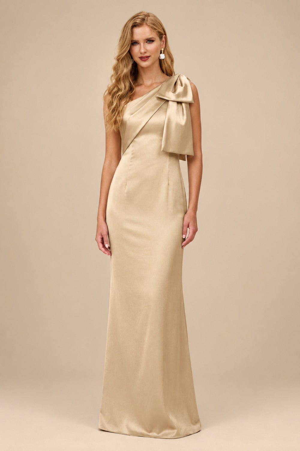 Rutipo Champagne Sheath/Column One-Shoulder Satin Bridesmaid Dresses With Bow(s)
