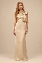Rutipo Champagne Sheath/Column One-Shoulder Satin Bridesmaid Dresses With Bow(s)