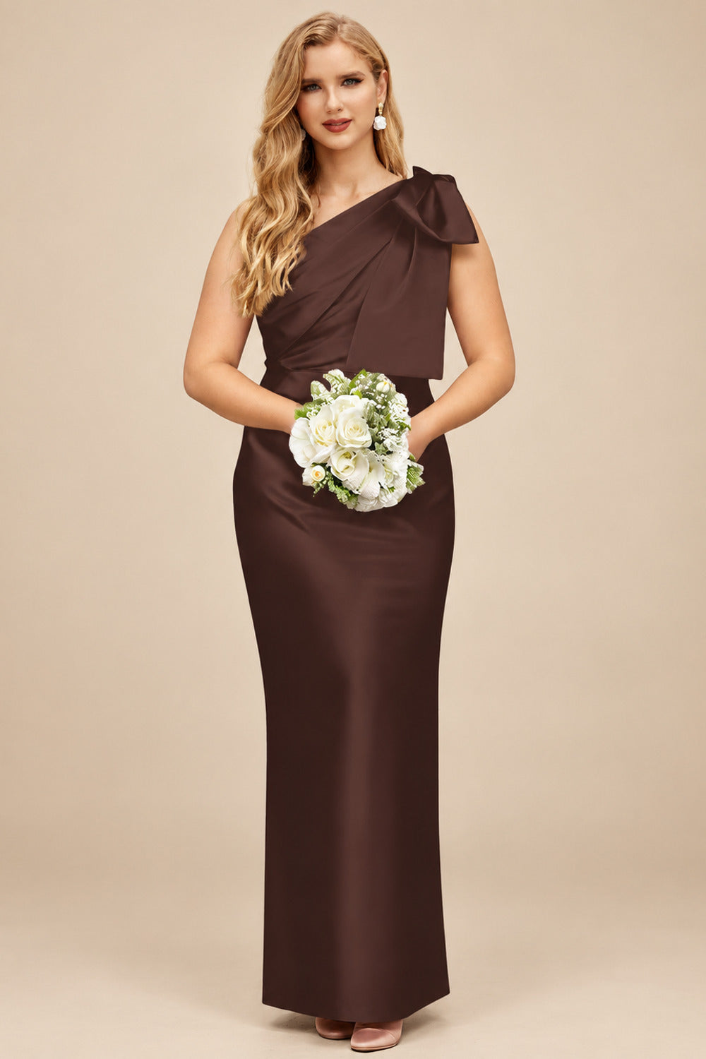 Rutipo Chocolate Sheath/Column One-Shoulder Satin Bridesmaid Dresses With Bow(s)