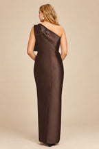 Rutipo Chocolate Sheath/Column One-Shoulder Satin Bridesmaid Dresses With Bow(s)