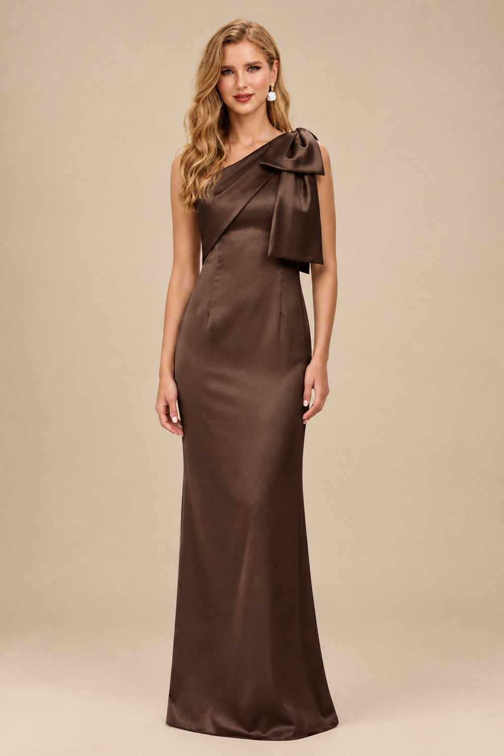 Rutipo Chocolate Sheath/Column One-Shoulder Satin Bridesmaid Dresses With Bow(s)