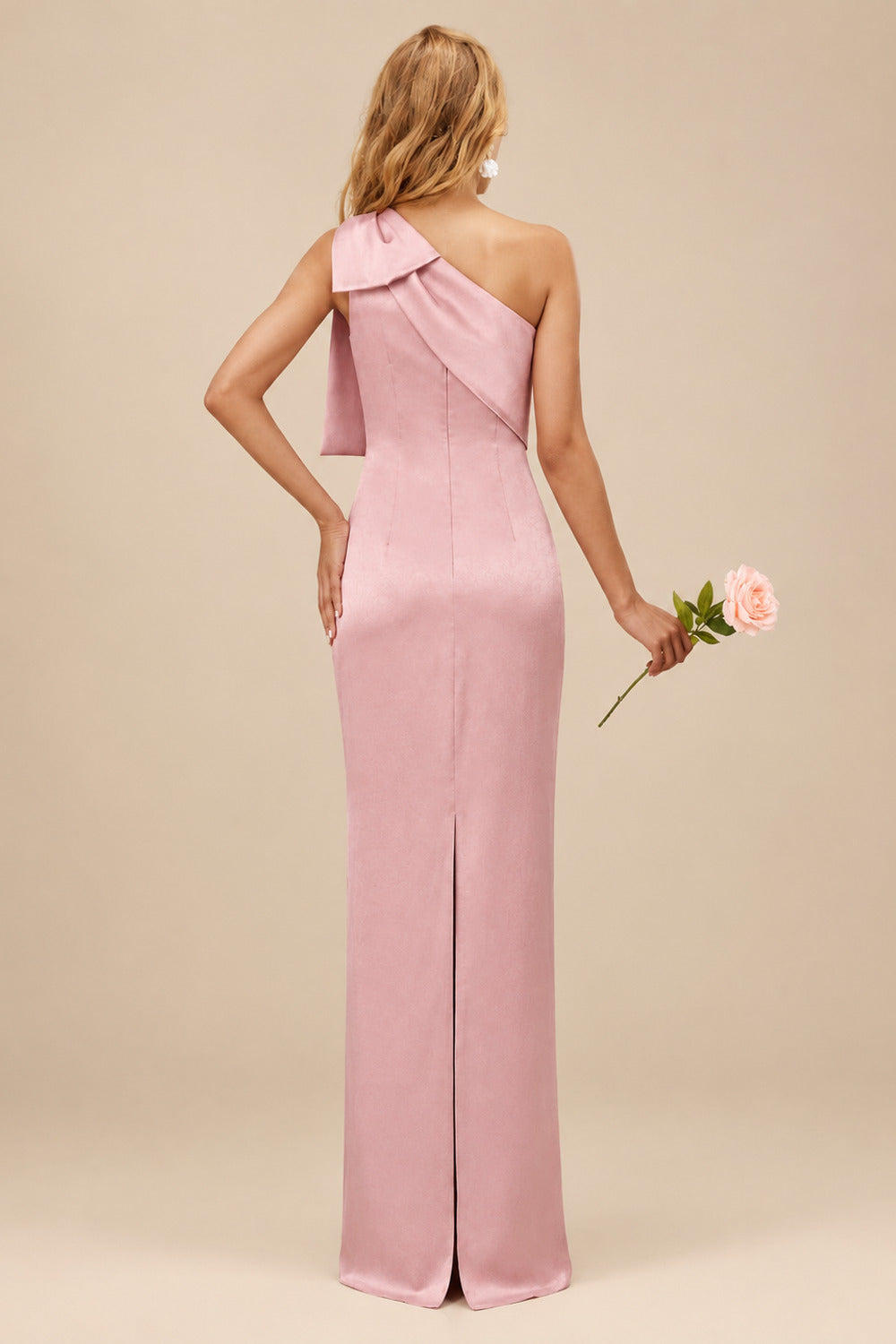 Rutipo Dusty Rose Sheath/Column One-Shoulder Satin Bridesmaid Dresses With Bow(s)