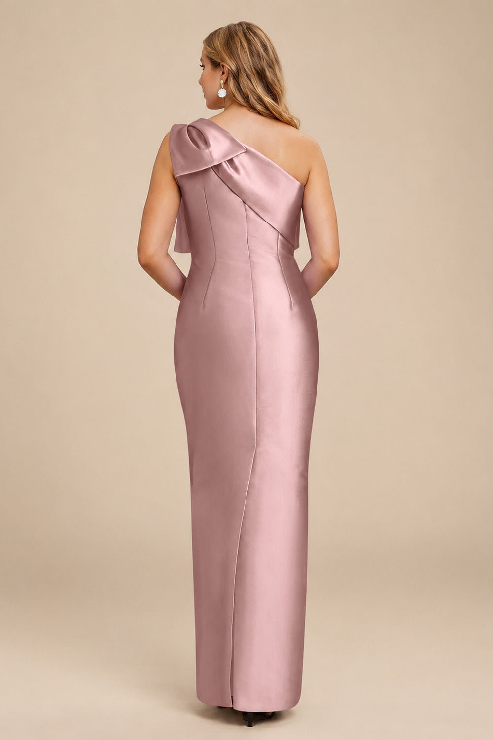 Rutipo Dusty Rose Sheath/Column One-Shoulder Satin Bridesmaid Dresses With Bow(s)