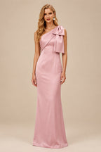 Rutipo Dusty Rose Sheath/Column One-Shoulder Satin Bridesmaid Dresses With Bow(s)