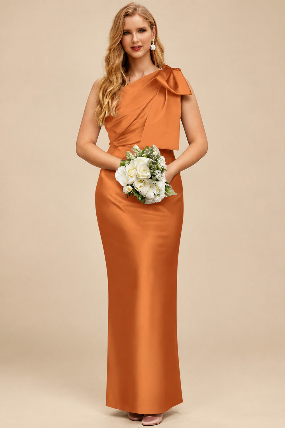 Rutipo Orange Sheath/Column One-Shoulder Satin Bridesmaid Dresses With Bow(s)