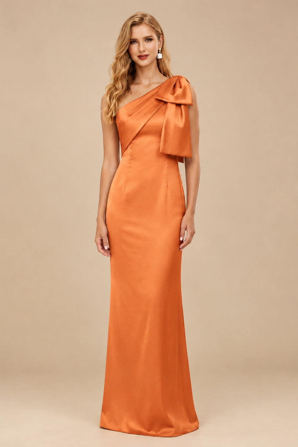 Rutipo Orange Sheath/Column One-Shoulder Satin Bridesmaid Dresses With Bow(s)
