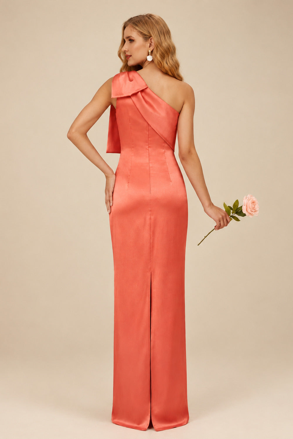 Rutipo Papaya Sheath/Column One-Shoulder Satin Bridesmaid Dresses With Bow(s)
