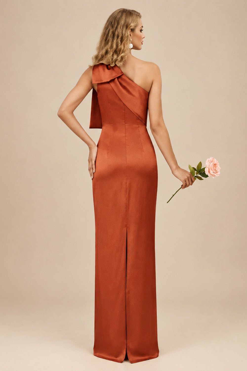Rutipo Terracotta Sheath/Column One-Shoulder Satin Bridesmaid Dresses With Bow(s)