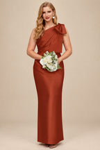 Rutipo Terracotta Sheath/Column One-Shoulder Satin Bridesmaid Dresses With Bow(s)