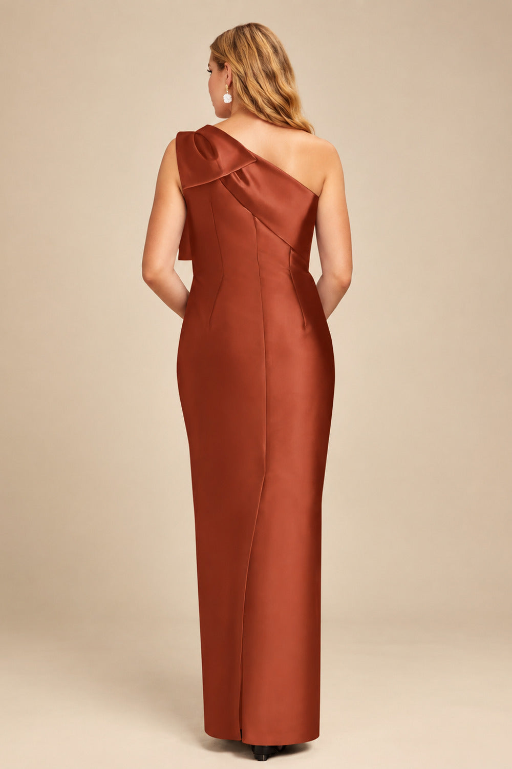 Rutipo Terracotta Sheath/Column One-Shoulder Satin Bridesmaid Dresses With Bow(s)