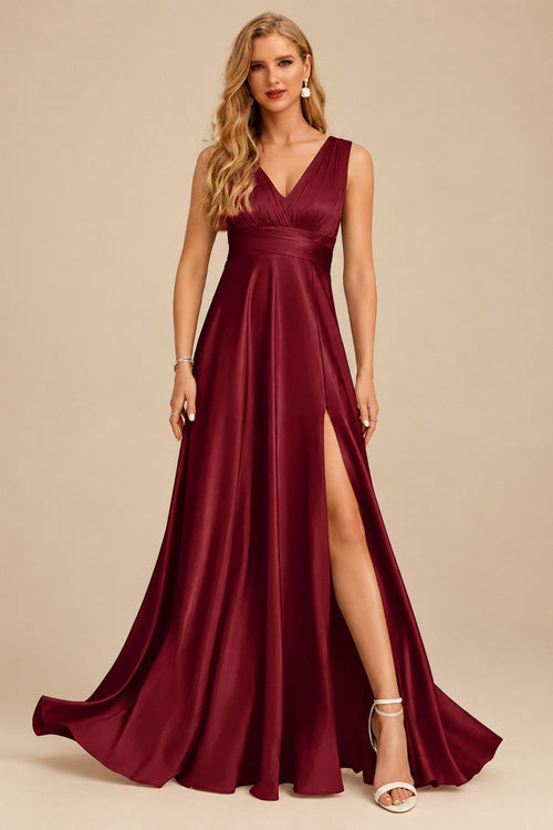 Rutipo Burgundy A-Line Halter One Shoulder V-Neck Floor-Length Silk Like Satin Bridesmaid Dress