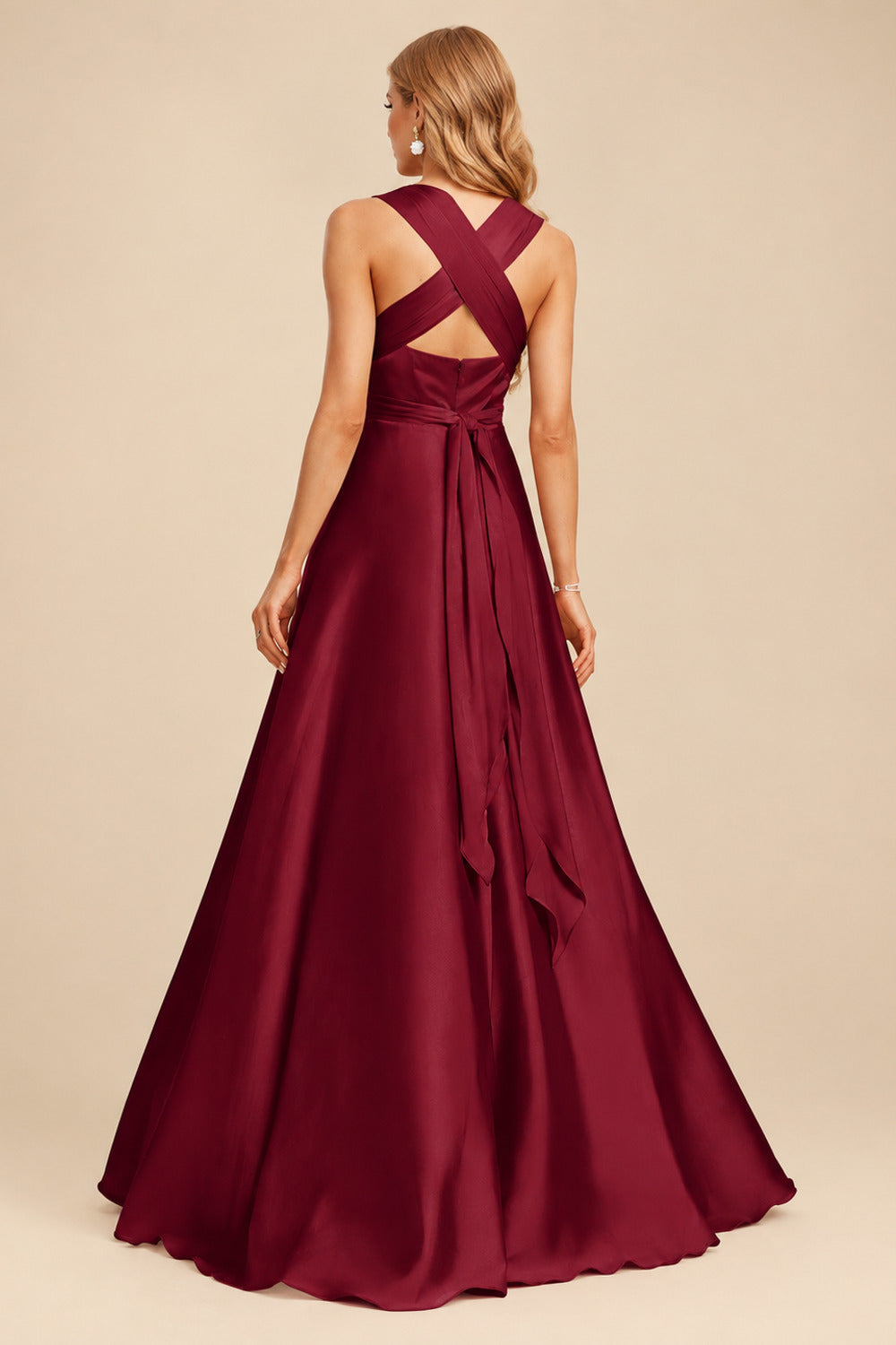 Rutipo Burgundy A-Line Halter One Shoulder V-Neck Floor-Length Silk Like Satin Bridesmaid Dress