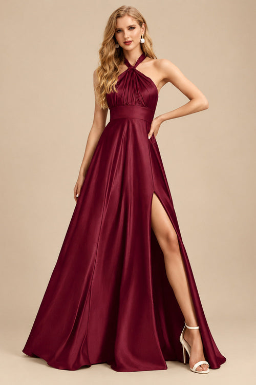 Rutipo Burgundy A-Line Halter One Shoulder V-Neck Floor-Length Silk Like Satin Bridesmaid Dress