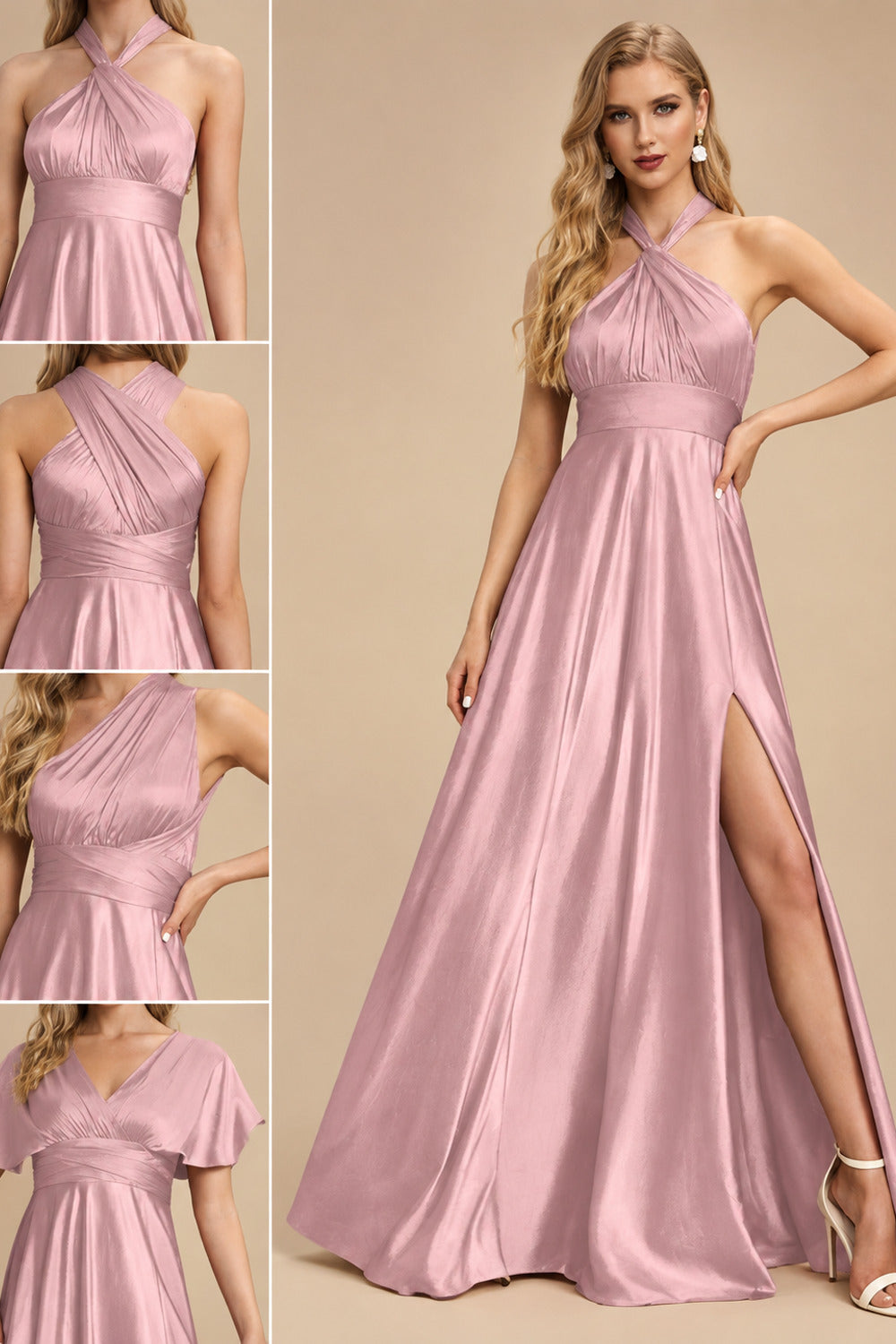 Rutipo Dusty Rose A-Line Halter One Shoulder V-Neck Floor-Length Silk Like Satin Bridesmaid Dress