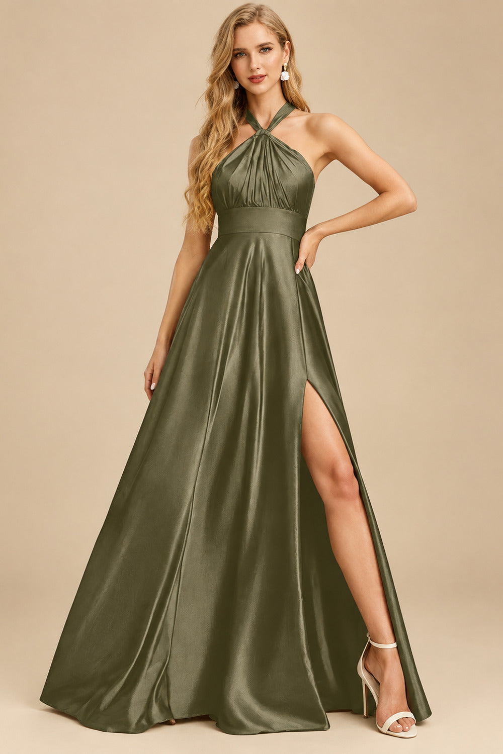 Rutipo Olive Green A-Line Halter One Shoulder V-Neck Floor-Length Silk Like Satin Bridesmaid Dress