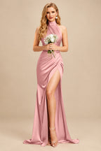 Rutipo Blush Sheath/Column Halter Charmeuse Bridesmaid Dresses With High Split