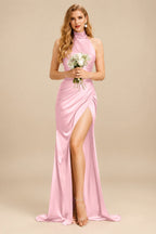 Rutipo Blushing Pink Sheath/Column Halter Charmeuse Bridesmaid Dresses With High Split