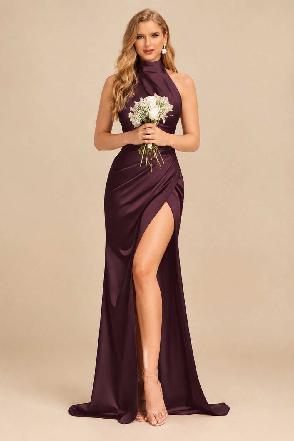 Rutipo Cabernet Sheath/Column Halter Charmeuse Bridesmaid Dresses With High Split