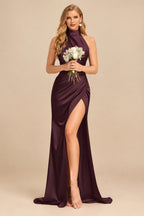 Rutipo Cabernet Sheath/Column Halter Charmeuse Bridesmaid Dresses With High Split