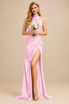 Rutipo Candy Pink Sheath/Column Halter Charmeuse Bridesmaid Dresses With High Split