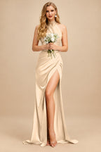 Rutipo Champagne Sheath/Column Halter Charmeuse Bridesmaid Dresses With High Split