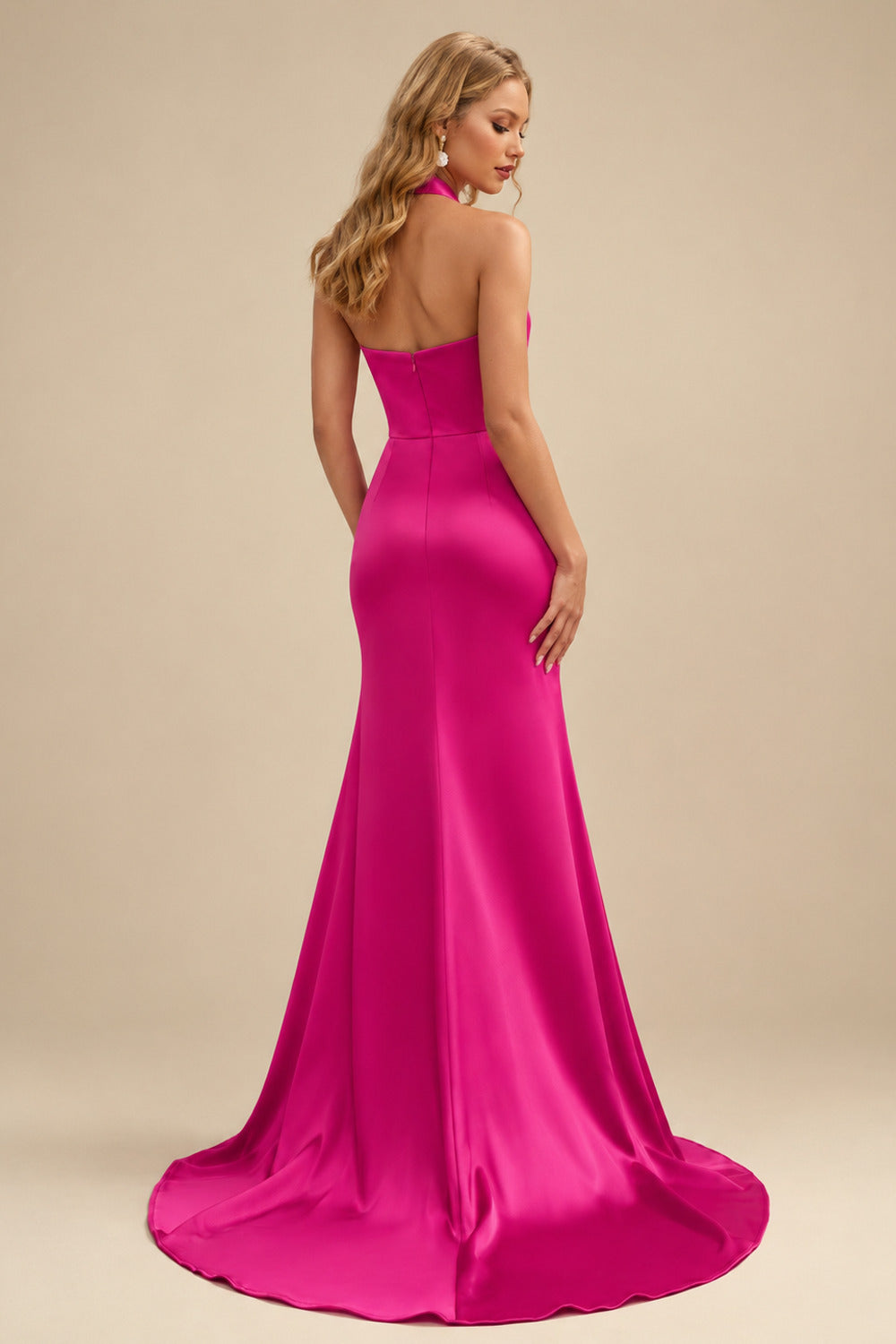 Rutipo Fuchsia Sheath/Column Halter Charmeuse Bridesmaid Dresses With High Split