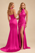 Rutipo Fuchsia Sheath/Column Halter Charmeuse Bridesmaid Dresses With High Split