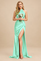 Rutipo Mint Green Sheath/Column Halter Charmeuse Bridesmaid Dresses With High Split