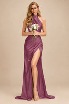 Rutipo Mulberry Sheath/Column Halter Charmeuse Bridesmaid Dresses With High Split