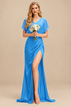 Rutipo Ocean Blue Sheath/Column Halter Charmeuse Bridesmaid Dresses With High Split