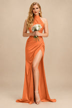 Rutipo Orange Sheath/Column Halter Charmeuse Bridesmaid Dresses With High Split