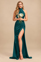 Rutipo Peacock Sheath/Column Halter Charmeuse Bridesmaid Dresses With High Split