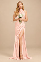 Rutipo Pearl Pink Sheath/Column Halter Charmeuse Bridesmaid Dresses With High Split