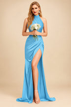 Rutipo Pool Sheath/Column Halter Charmeuse Bridesmaid Dresses With High Split
