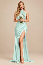 Rutipo Sage Green Sheath/Column Halter Charmeuse Bridesmaid Dresses With High Split